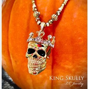 Beaded, long Necklace with Gold Skull and Crown and Pendant. By LC Jewelry.